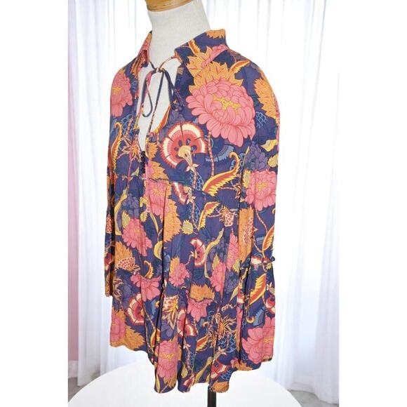 Jamsé Boho Floral Tunic Top – Handcrafted India – Purple Pink Orange Peasant - Picture 4 of 6